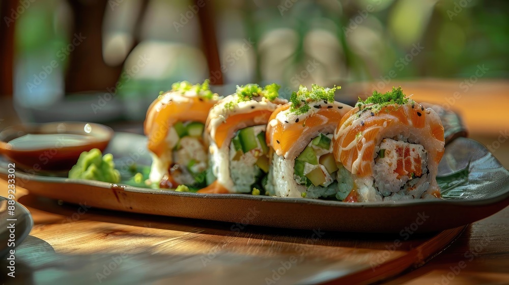 Delicious sushi rolls with fresh ingredients served on a ceramic plate in a serene outdoor setting, ready to eat. Delicious sushi rolls with fresh ingredients served on a ceramic plate in a serene outdoor setting, ready to eat.