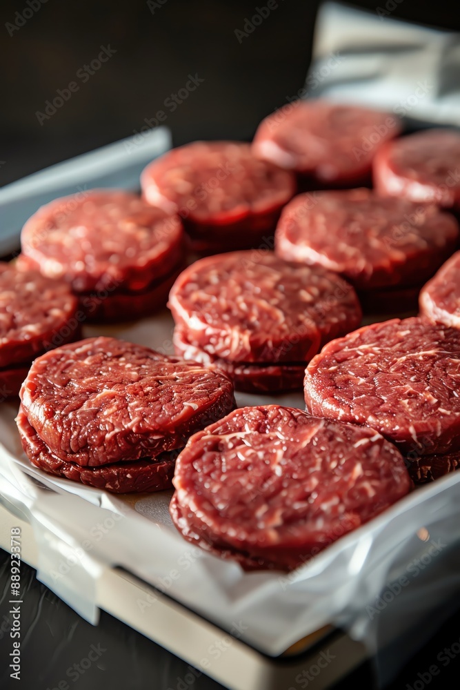 Raw beef patties neatly stacked on a tray, ready for grilling or cooking. Perfect for homemade burgers or grilling occasions. Raw beef patties neatly stacked on a tray, ready for grilling or cooking. Perfect for homemade burgers or grilling occasions.