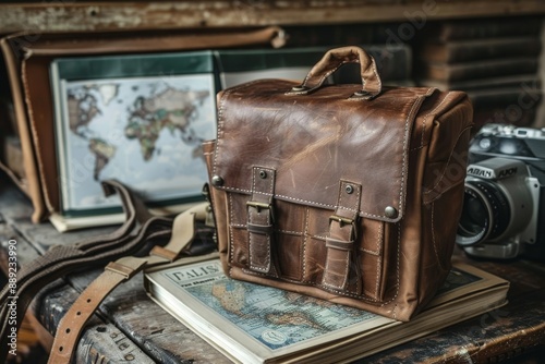 Vintage leather bag with map and globe nostalgic travel scene detailed and artistic inviting setting retro style adventurous vibes cozy atmosphere photo