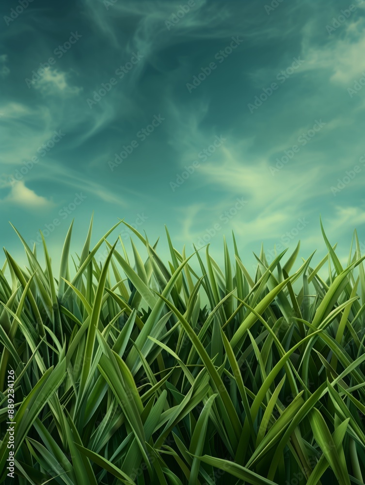Obraz premium A field of green grass with a cloudy blue sky above