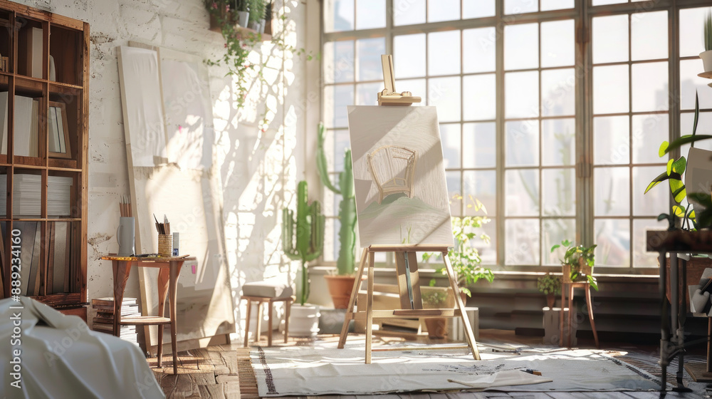 Modern studio interior featuring an artist's workplace with a foldable wooden easel near a large sunlit window Modern studio interior featuring an artist's workplace with a foldable wooden easel near a large sunlit window