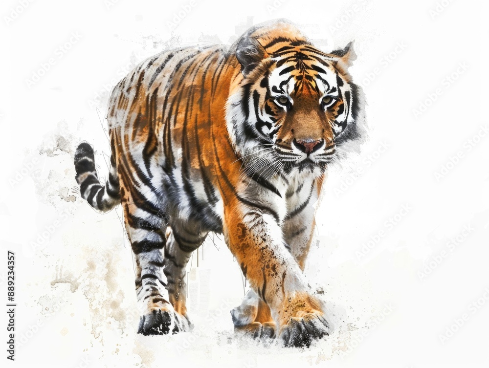Obraz premium A close-up view of a tiger's face on a white background, suitable for use in designs and illustrations where a bold animal image is needed