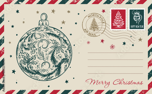 Christmas mail, postcard, hand drawn illustration.	
