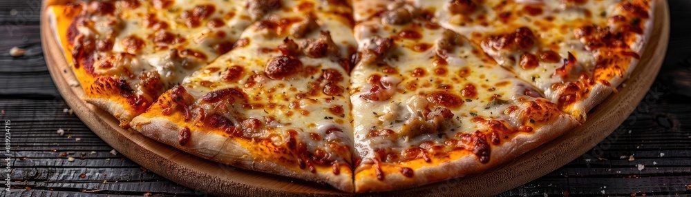 Close-up of a delicious cheese pizza with a crispy crust on a wooden table ready to be served. Perfect for food and cuisine photography. Close-up of a delicious cheese pizza with a crispy crust on a wooden table ready to be served. Perfect for food and cuisine photography.