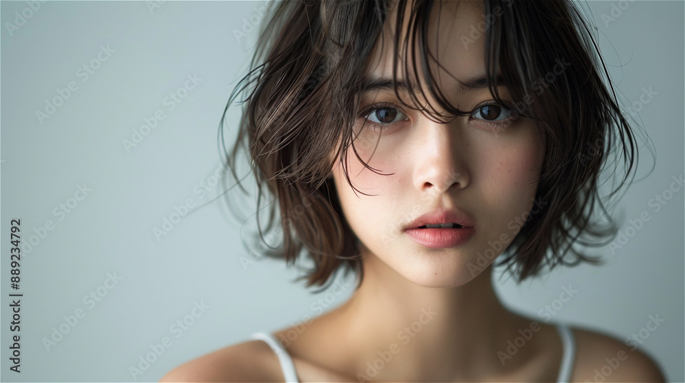 A Korean K-pop singer walking in a sleeveless white dress on the beach, a close-up A Korean K-pop singer walking in a sleeveless white dress on the beach, a close-up