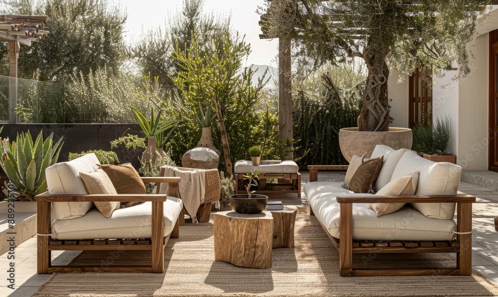 Fototapeta premium Wooden Lounge Chair with Beige Cushions in Cozy Interior Design Setting. Resort-Style Decor for Relaxation and Leisure in Retirement Life. AI-Generated 4K Wallpaper.