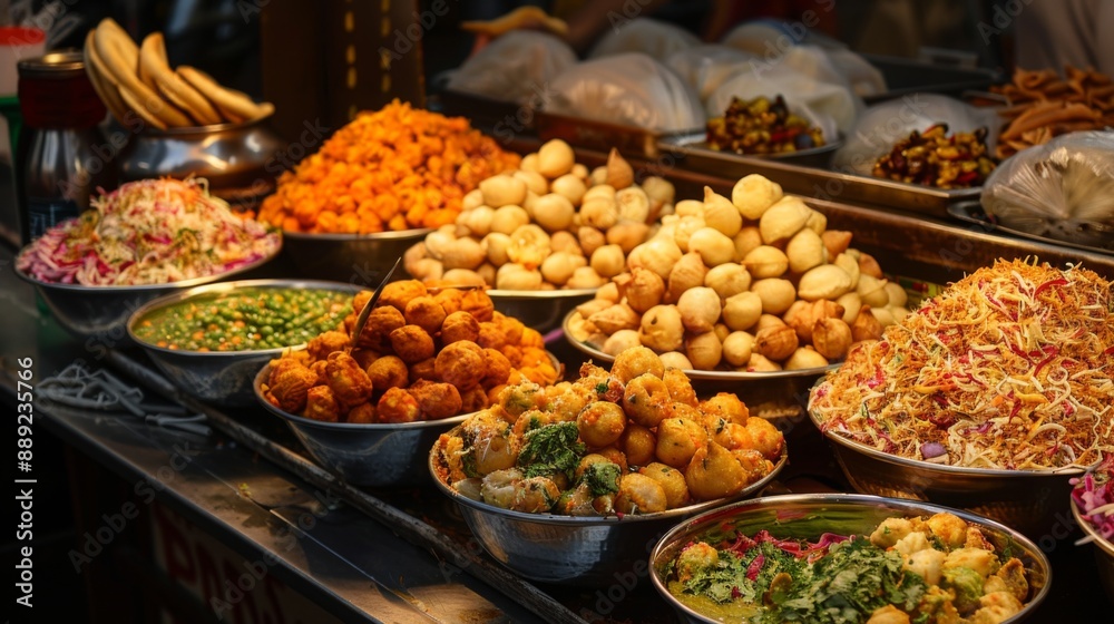 Colorful display of Indian street food snacks like chaat, vada pav, and bhel puri at a market stall. Colorful display of Indian street food snacks like chaat, vada pav, and bhel puri at a market stall.