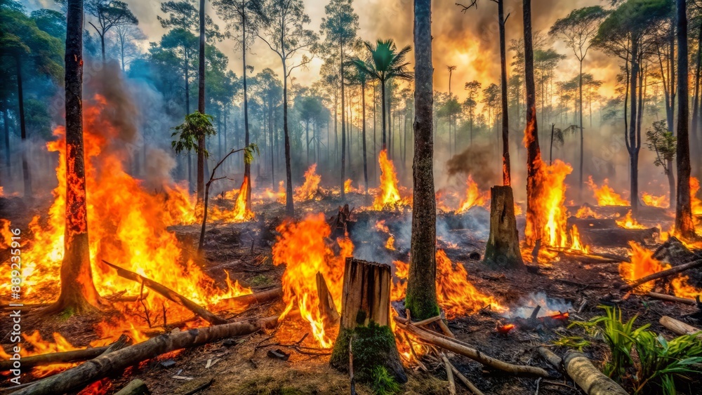 Flames engulf a ravaged landscape of blackened tree trunks and charred foliage, amidst a haze of smoke, in a devastated, burning Amazon rainforest, symbolizing ecological catastrophe. Flames engulf a ravaged landscape of blackened tree trunks and charred foliage, amidst a haze of smoke, in a devastated, burning Amazon rainforest, symbolizing ecological catastrophe.