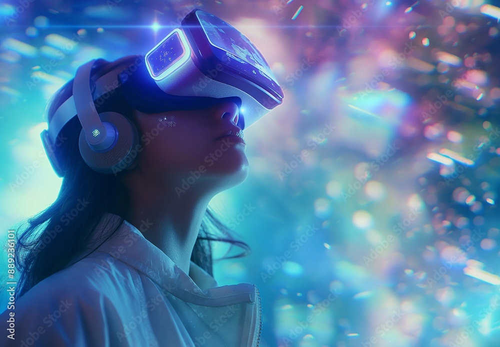 A woman wearing a virtual reality headset is looking at a colorful background A woman wearing a virtual reality headset is looking at a colorful background