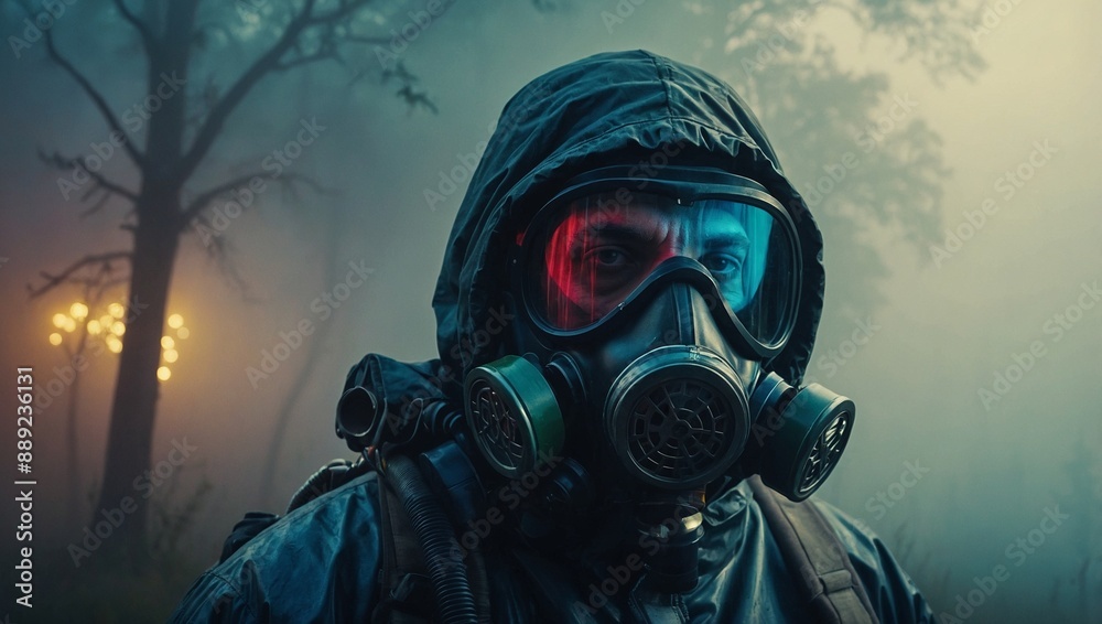 man in protective suit and gas mask in foggy forest man in protective suit and gas mask in foggy forest