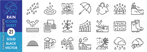 A set of line icons related to rain. Monsoon, rain, sensor, forecast, rainbow, gauge, droplets, flood, storm, thunder, bolt clouds, raincoat, umbrella and so on. Vector outline icons set.