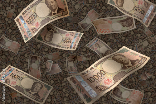 敷き詰めた一万円に舞い落ちる新紙幣の一万円札 photo