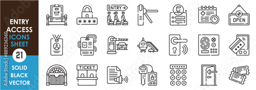 A set of line icons related to entry and access. Enter, VIP, pass, press, gate, key, ticket, id, fingerprint, pin, door, credit, digital, data, and so on. Vector outline icons set.