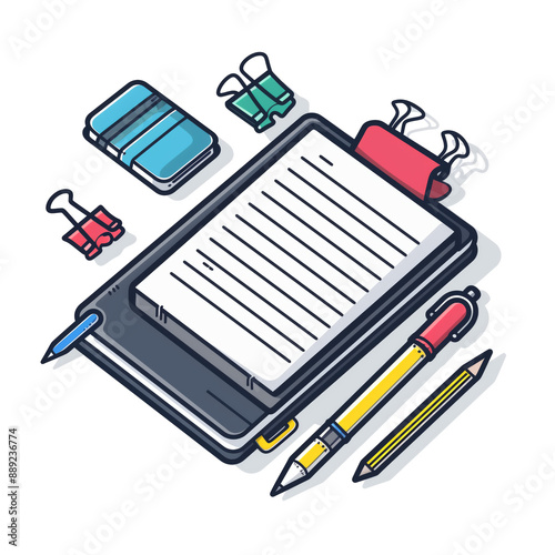 Open Notebook with Stationery:  A minimalist and colorful illustration of an open notebook with lined paper, a pen, pencil, eraser, and paper clips. Perfect for back-to-school, education, organization