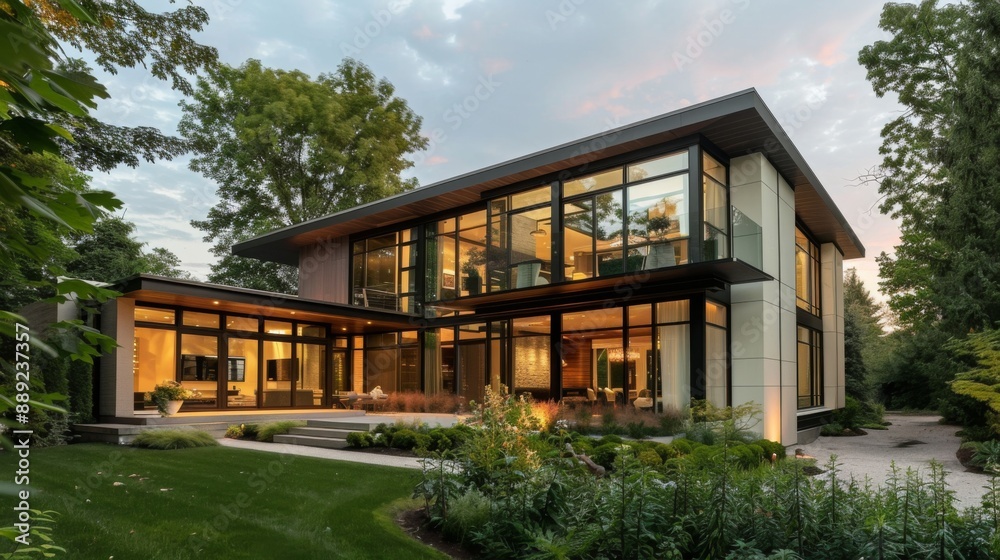Exterior of a minimalist style home with clean lines, large windows, and a simple garden. Exterior of a minimalist style home with clean lines, large windows, and a simple garden.