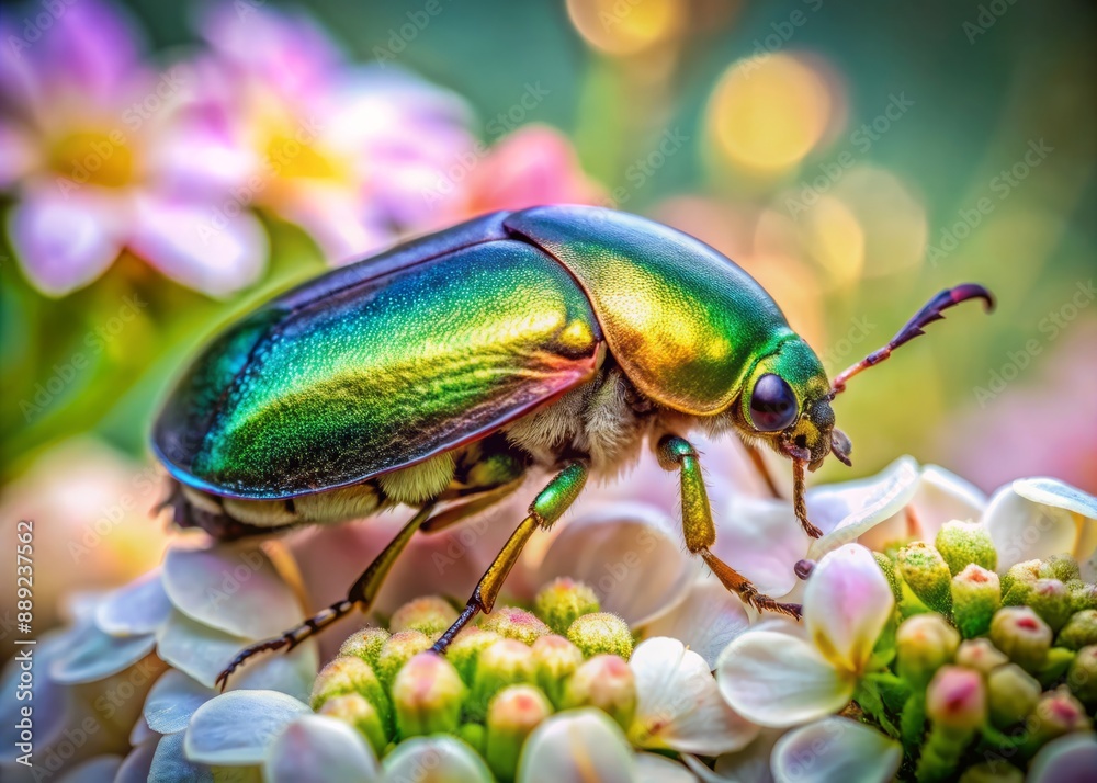 Vibrant beetle perches on delicate flower petals, its iridescent carapace glimmering with intricate details, set against a soft-focus garden backdrop of lush greens and pastel hues. Vibrant beetle perches on delicate flower petals, its iridescent carapace glimmering with intricate details, set against a soft-focus garden backdrop of lush greens and pastel hues.