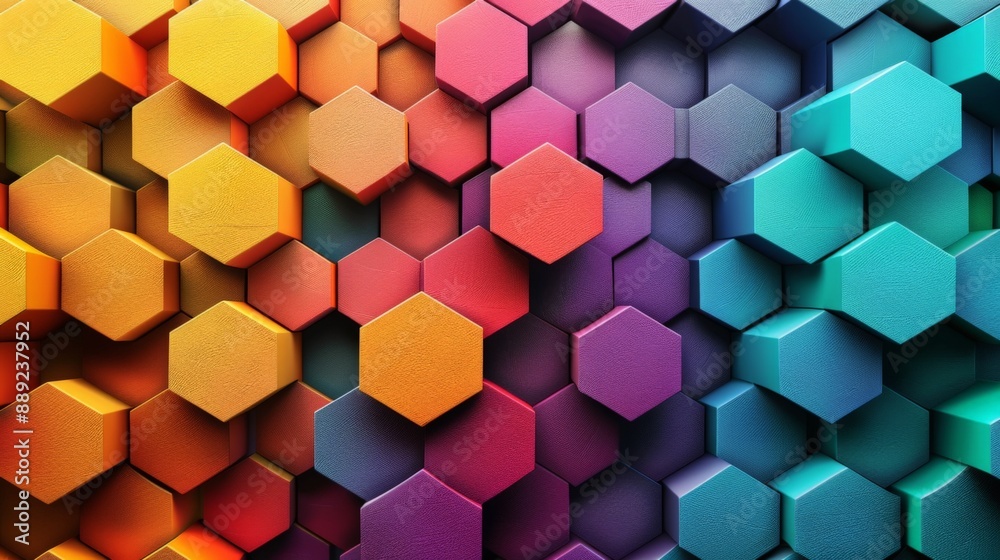 A vibrant abstract design featuring colorful interlocking hexagons in hues of yellow, orange, red, purple, and blue, creating a visually stunning pattern. A vibrant abstract design featuring colorful interlocking hexagons in hues of yellow, orange, red, purple, and blue, creating a visually stunning pattern.