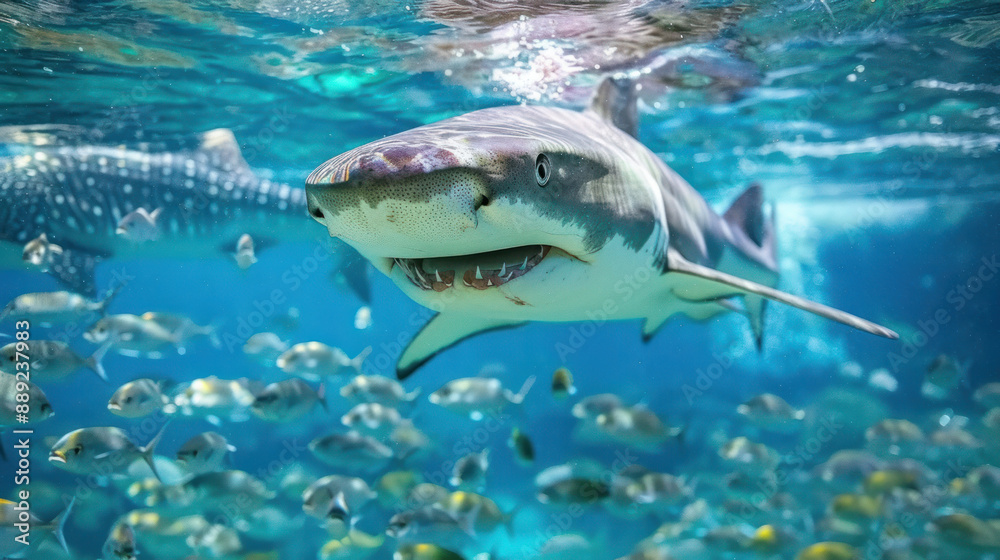 Obraz premium Shark swimming with a school of small fishes in the clear ocean waters