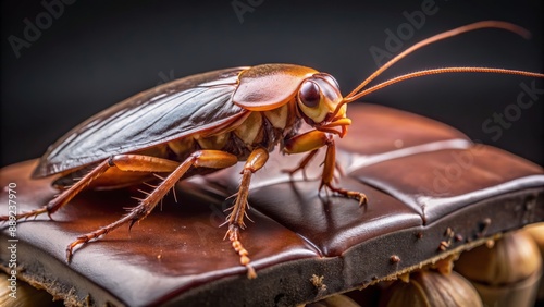 A close-up view of a brown cockroach perched on a rich, velvety piece of dark chocolate, showcasing the insect's armored shell and antennae.
