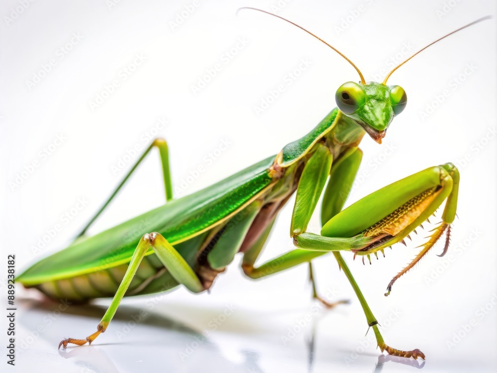 Vibrant large green praying mantis perches elegantly on a pure white background, showcasing intricate details, vibrant color, and natural wildlife essence with ample copy space. Vibrant large green praying mantis perches elegantly on a pure white background, showcasing intricate details, vibrant color, and natural wildlife essence with ample copy space.