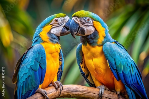 Two vibrant blue and gold macaw birds sit closely together on a branch, nuzzling beaks, and gazing lovingly into each other's eyes in tender intimacy.