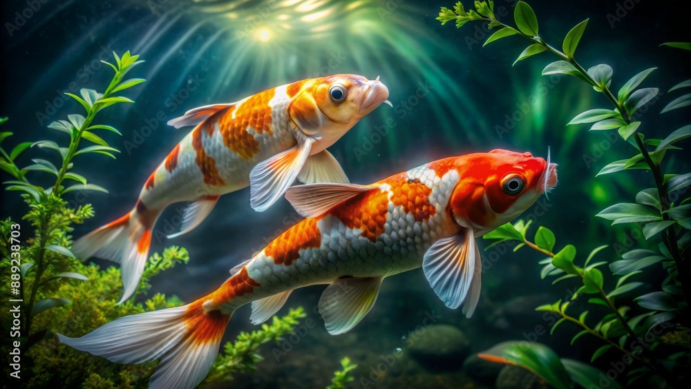 Naklejka premium Vibrant orange and white koi fish swim together in a serene pond surrounded by lush green vegetation against a dark mysterious black background.