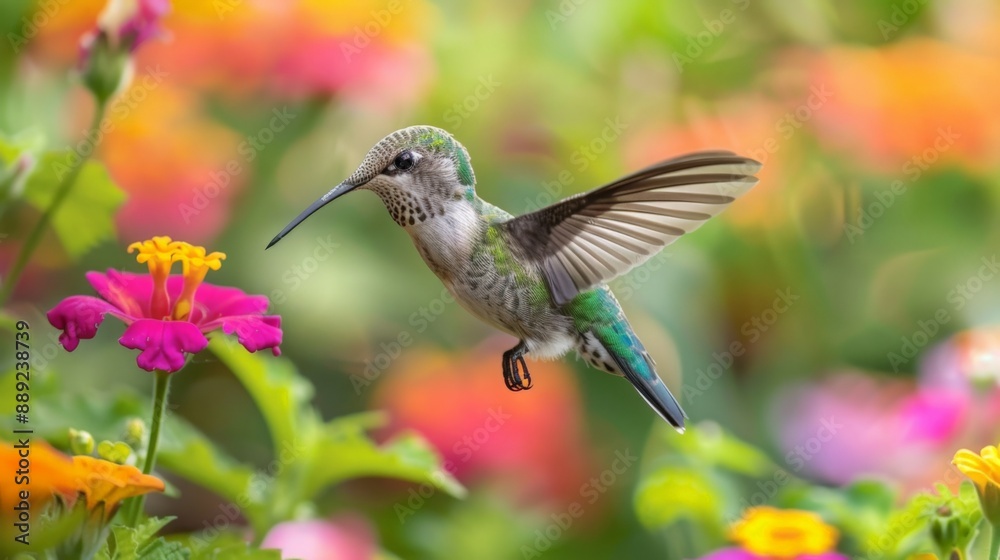 A vibrant garden with a variety of colorful flowers and a hovering hummingbird. A vibrant garden with a variety of colorful flowers and a hovering hummingbird.