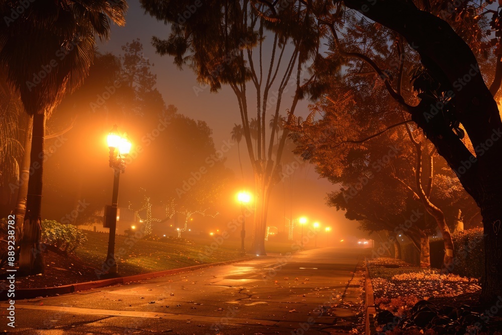 Night Street in the Fog. Los Angeles. Misty Autumn Evening in California Night Street in the Fog. Los Angeles. Misty Autumn Evening in California