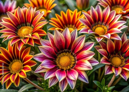 Vibrant gazania flowers in a bunch, featuring intricate details of delicate veins, rich colors, and subtle texture, highlighting nature's beauty in a stunning close-up shot.