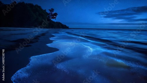 Tropical beach at night with glowing blue bioluminescent phytoplankton. Video footage