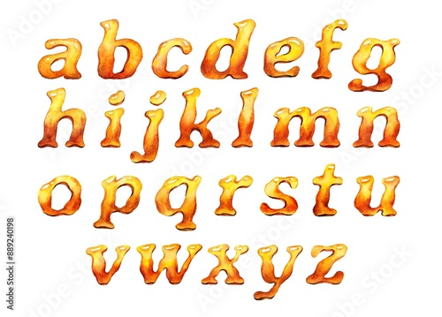 Creative lowercase watercolor alphabet in warm orange hues. Perfect for artistic designs, educational materials, and decorative projects. Hand-painted letters with a unique, organic style