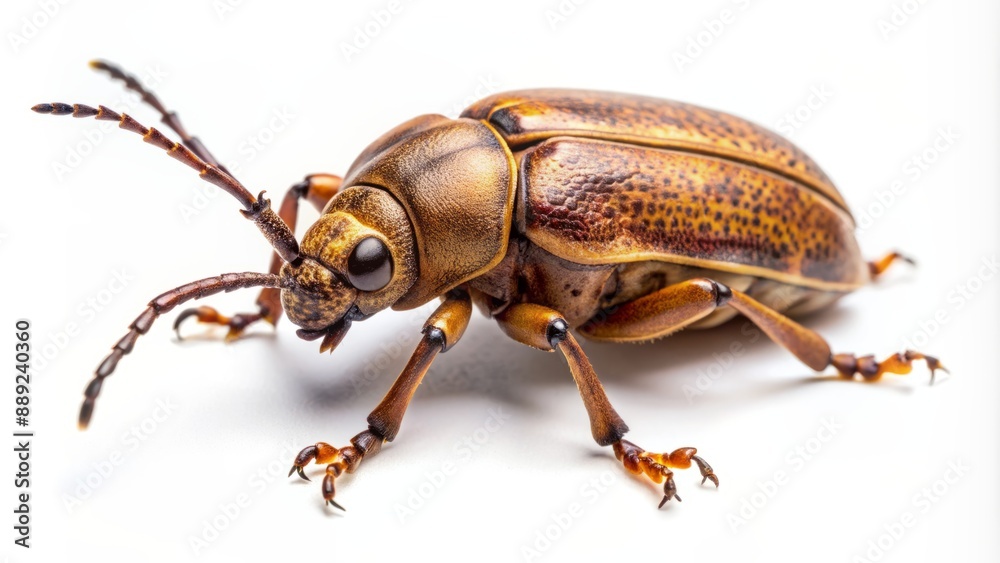Isolated brown beetle with distinctive markings and antennae on a pure white background, showcasing intricate details of its body and legs in high contrast. Isolated brown beetle with distinctive markings and antennae on a pure white background, showcasing intricate details of its body and legs in high contrast.