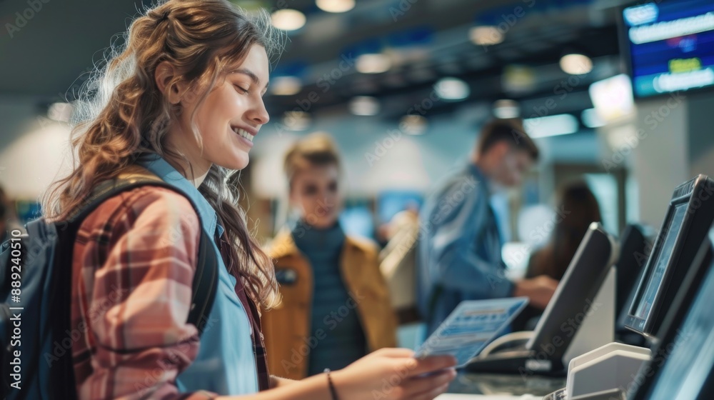 Airport employee providing boarding pass and passport to young woman at check-in desk Airport employee providing boarding pass and passport to young woman at check-in desk