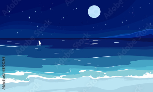 Ocean beach at full moon. Vector colorful seascape illustration for your design. Summer tropical trip. A sailboat floats in the distance.