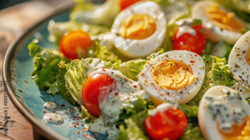 Vibrant Caesar salad with boiled eggs, cherry tomatoes, and a creamy Caesar dressing, arranged beautifully on a plate Vibrant Caesar salad with boiled eggs, cherry tomatoes, and a creamy Caesar dressing, arranged beautifully on a plate