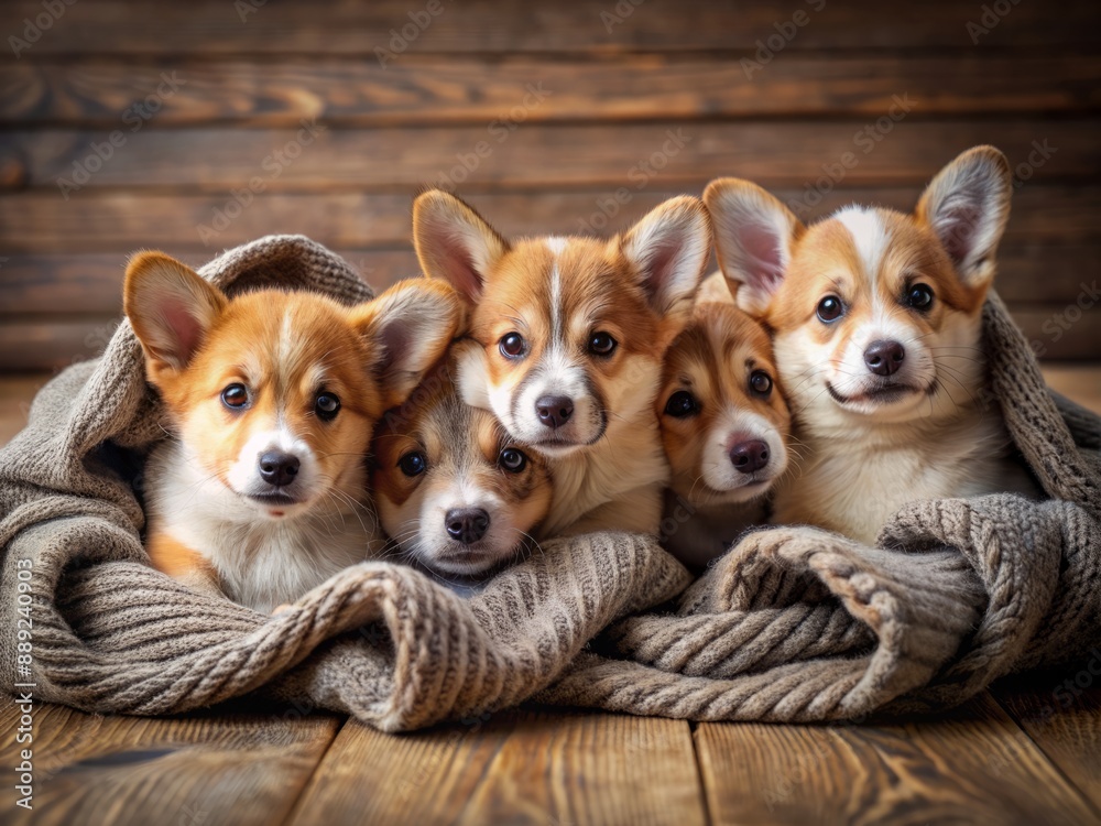 Adorable corgi puppies pile up in a fluffy heap, their tiny paws and noses peeking out from under a warm blanket on a cozy wooden floor. Adorable corgi puppies pile up in a fluffy heap, their tiny paws and noses peeking out from under a warm blanket on a cozy wooden floor.
