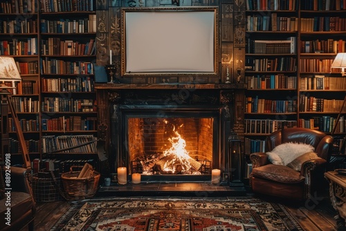 3d render mockup of A cozy living room with a fireplace and a large collection of books