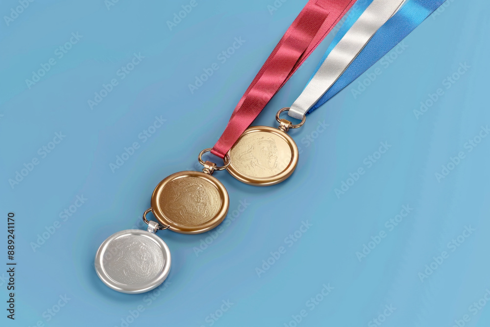 3D rendering, three gold medals with ribbons 3D rendering, three gold medals with ribbons