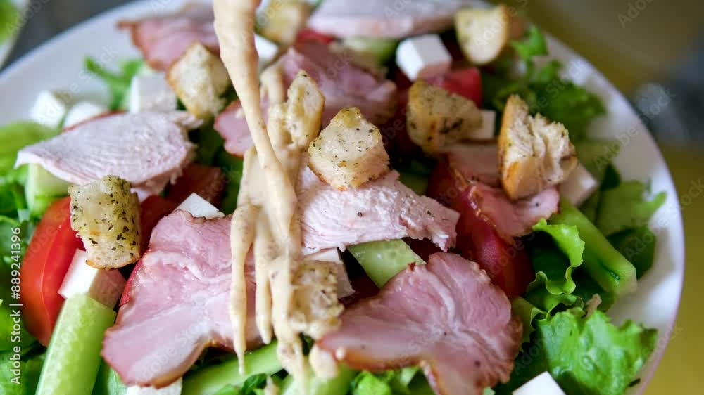 add sauce to salad cooking Caesar salad inside deep cooking bowl adding sliced cherry tomatoes add sauce to salad cooking Caesar salad inside deep cooking bowl adding sliced cherry tomatoes