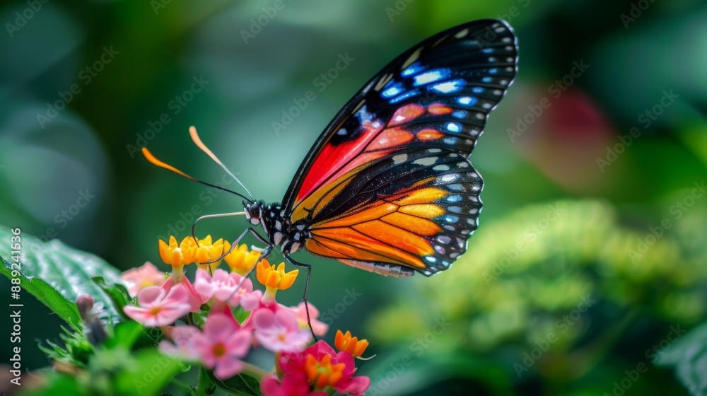 Macro shot of a butterfly perched on a flower, showcasing its vibrant colors and delicate wings. Macro shot of a butterfly perched on a flower, showcasing its vibrant colors and delicate wings.