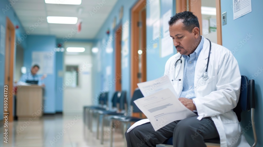 Hispanic doctor organizing paperwork in the clinic waiting area Hispanic doctor organizing paperwork in the clinic waiting area