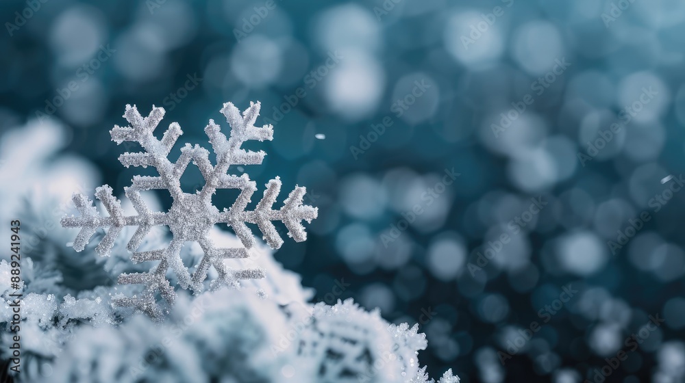 Close-up of a delicate snowflake resting on snow with a blurred wintry background, capturing the essence of winter's beauty and serenity. Close-up of a delicate snowflake resting on snow with a blurred wintry background, capturing the essence of winter's beauty and serenity.