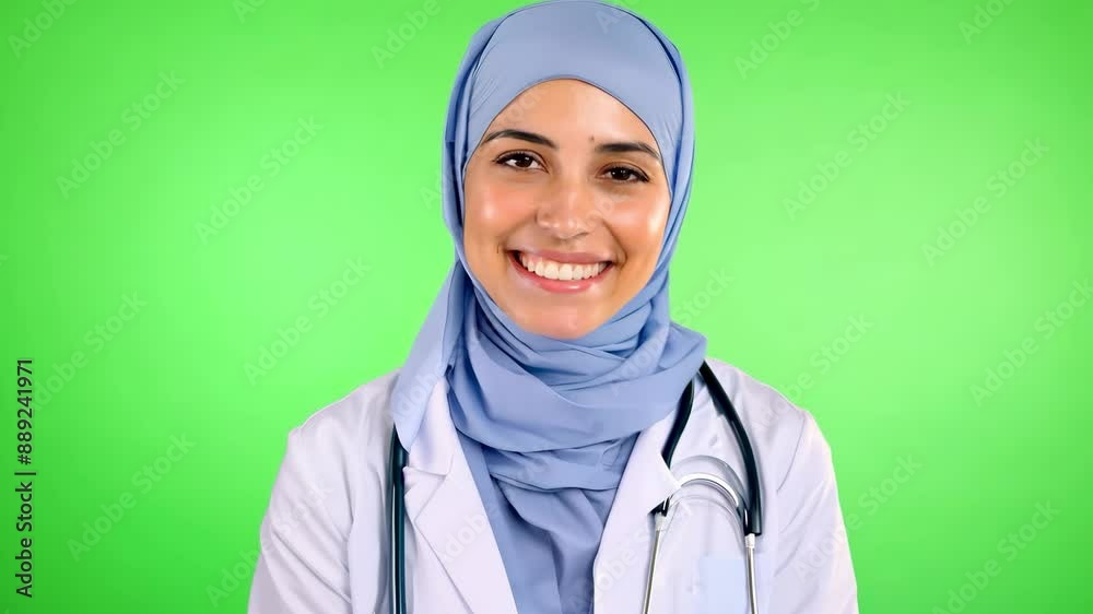 Smiling female Arab doctor wearing a hijab and a stethoscope against a green screen. Smiling female Arab doctor wearing a hijab and a stethoscope against a green screen.