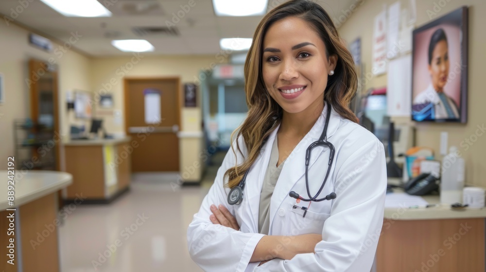 Latino physician waiting for patients to arrive in clinic reception Latino physician waiting for patients to arrive in clinic reception