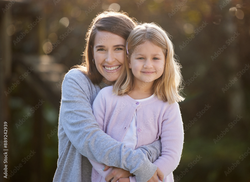 Portrait, hug and mama in garden, girl and sunshine with happiness, care and love. Face, single parent or mother with daughter, childhood and kid in backyard at home, smile and time together with joy Portrait, hug and mama in garden, girl and sunshine with happiness, care and love. Face, single parent or mother with daughter, childhood and kid in backyard at home, smile and time together with joy