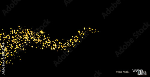 Gold confetti glittering wave. Golden sparkling on black background. Shiny wavy crumbs, golden texture. Glitter. Vector.