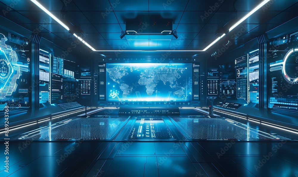 Futuristic Control Room with World Map Display Futuristic Control Room with World Map Display