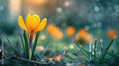 Close up of a vibrant yellow crocus with blurred spring background photo