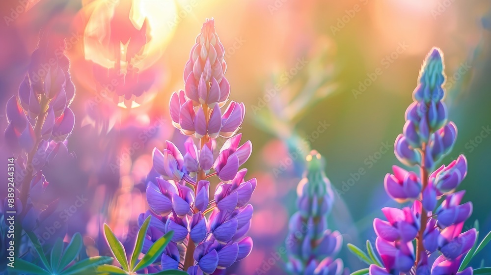 Close up of blooming lupine in spring Lush purple lupine in summer meadow Close up of blooming lupine in spring Lush purple lupine in summer meadow