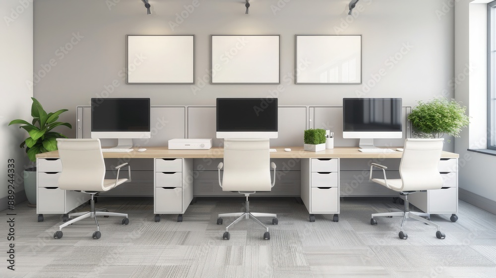 Modern, minimalist office space with clean desks, plants, computers, and comfortable chairs, creating an efficient working environment. Modern, minimalist office space with clean desks, plants, computers, and comfortable chairs, creating an efficient working environment.